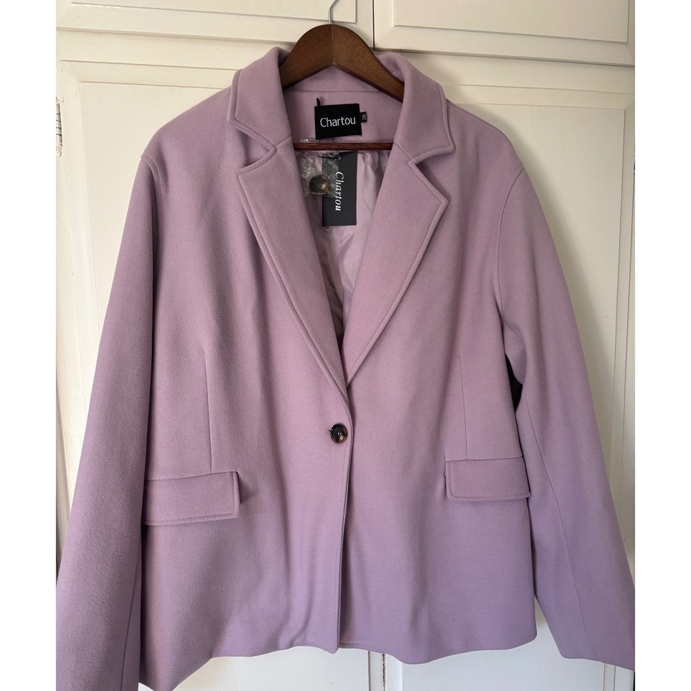 Chartou Women Lilac Lavender Wool Blend Single Button Blazer Jacket XXL